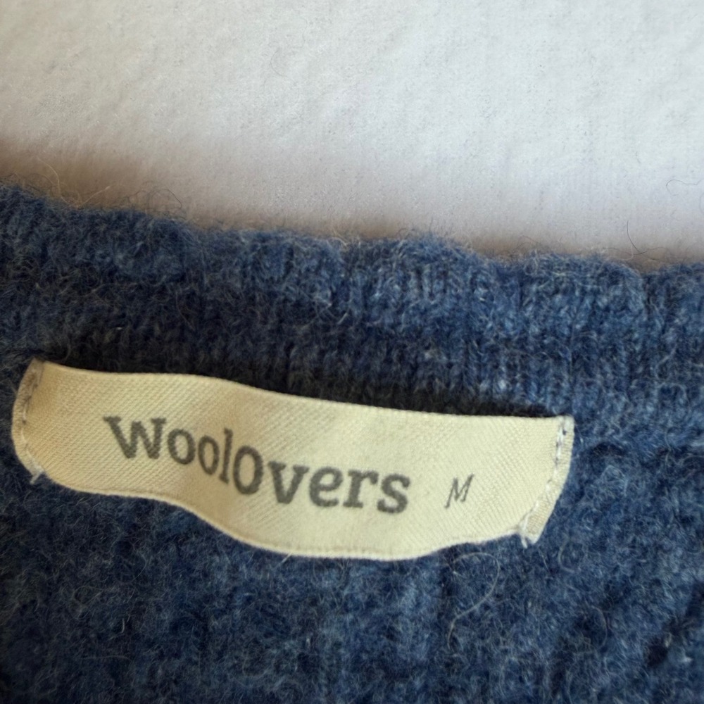 Woolovers 100% Lambswool Blue Henley Sweater Women Medium Cable Knit Pointelle - Picture 4 of 10